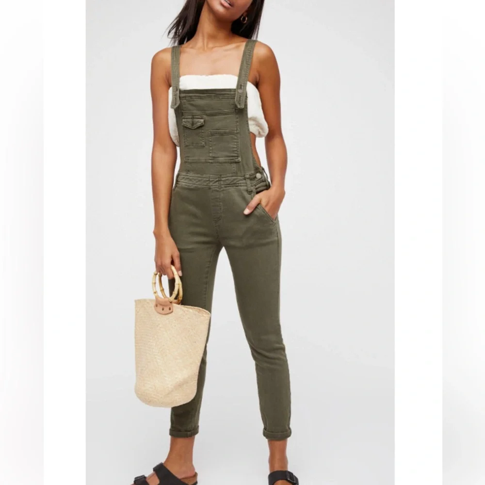 Free People Olive Utility Denim Overalls Jumpsuit
